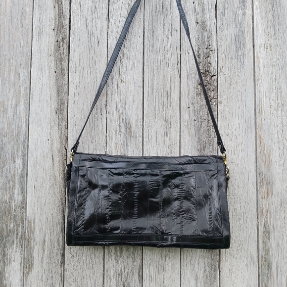Vintage Eel Skin Eelskin Clutch Shoulder Bag Black Leather Lined Womens Purse - Picture 8 of 11